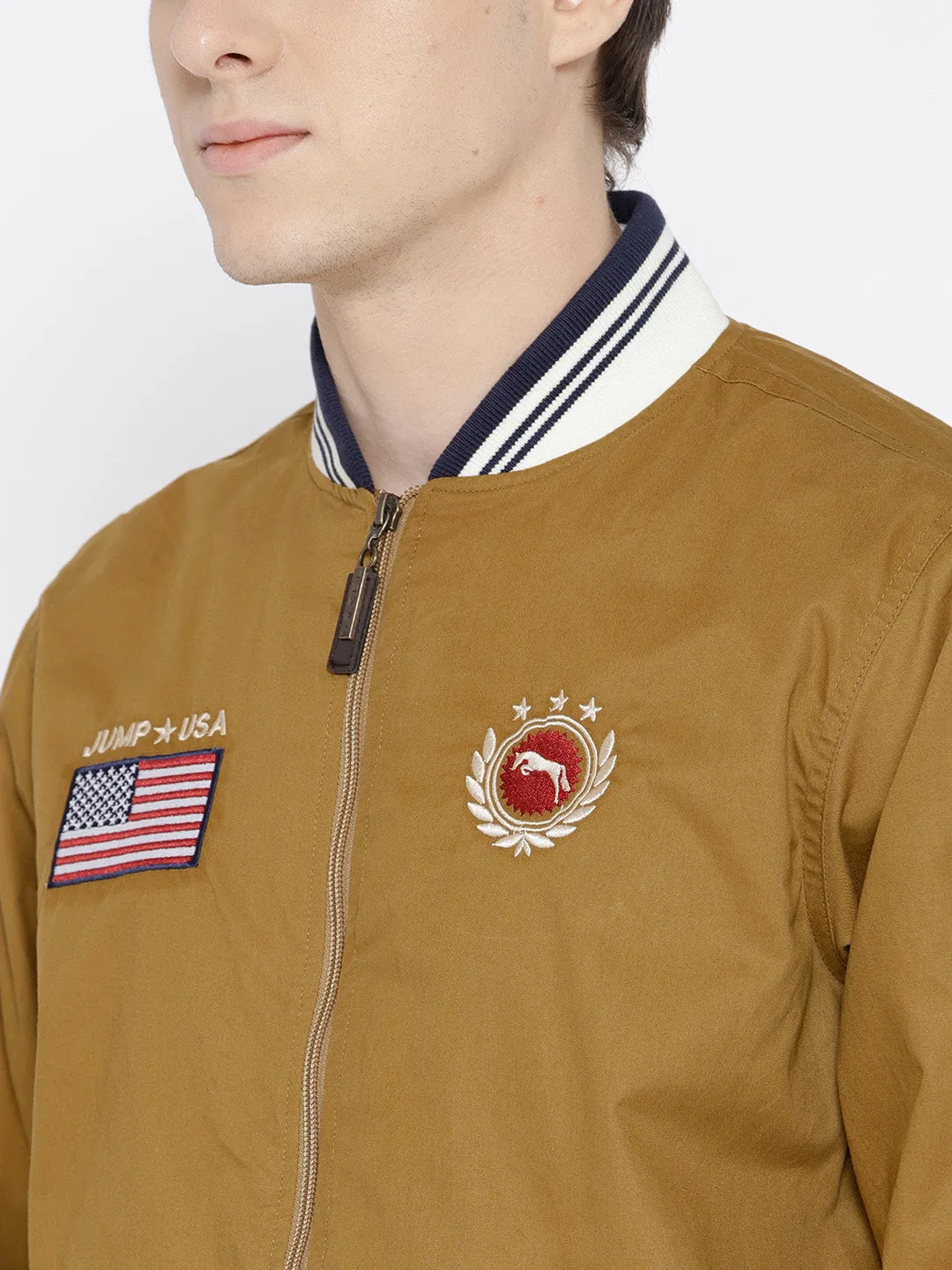 Men Khaki Solid Bomber Jacket