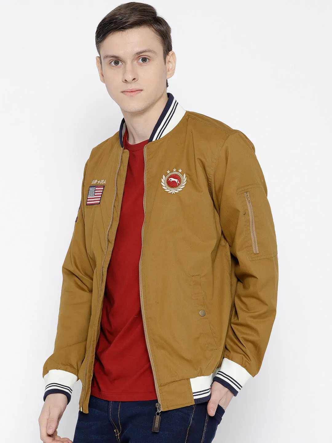 Men Khaki Solid Bomber Jacket