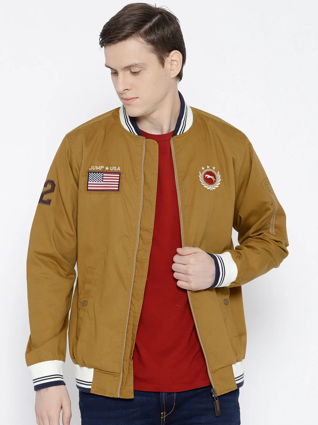 Men Khaki Solid Bomber Jacket