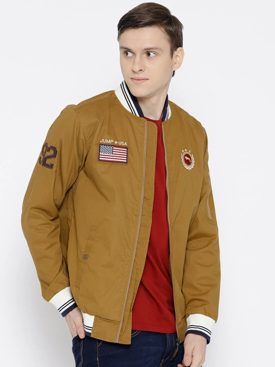 Men Khaki Solid Bomber Jacket