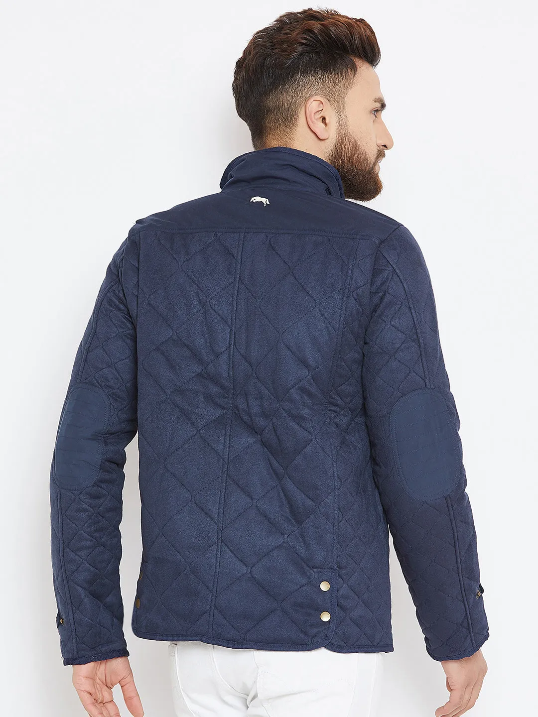 Men Navy Blue Solid Quilted Jacket