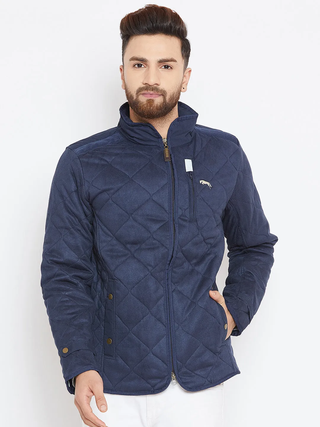 Men Navy Blue Solid Quilted Jacket