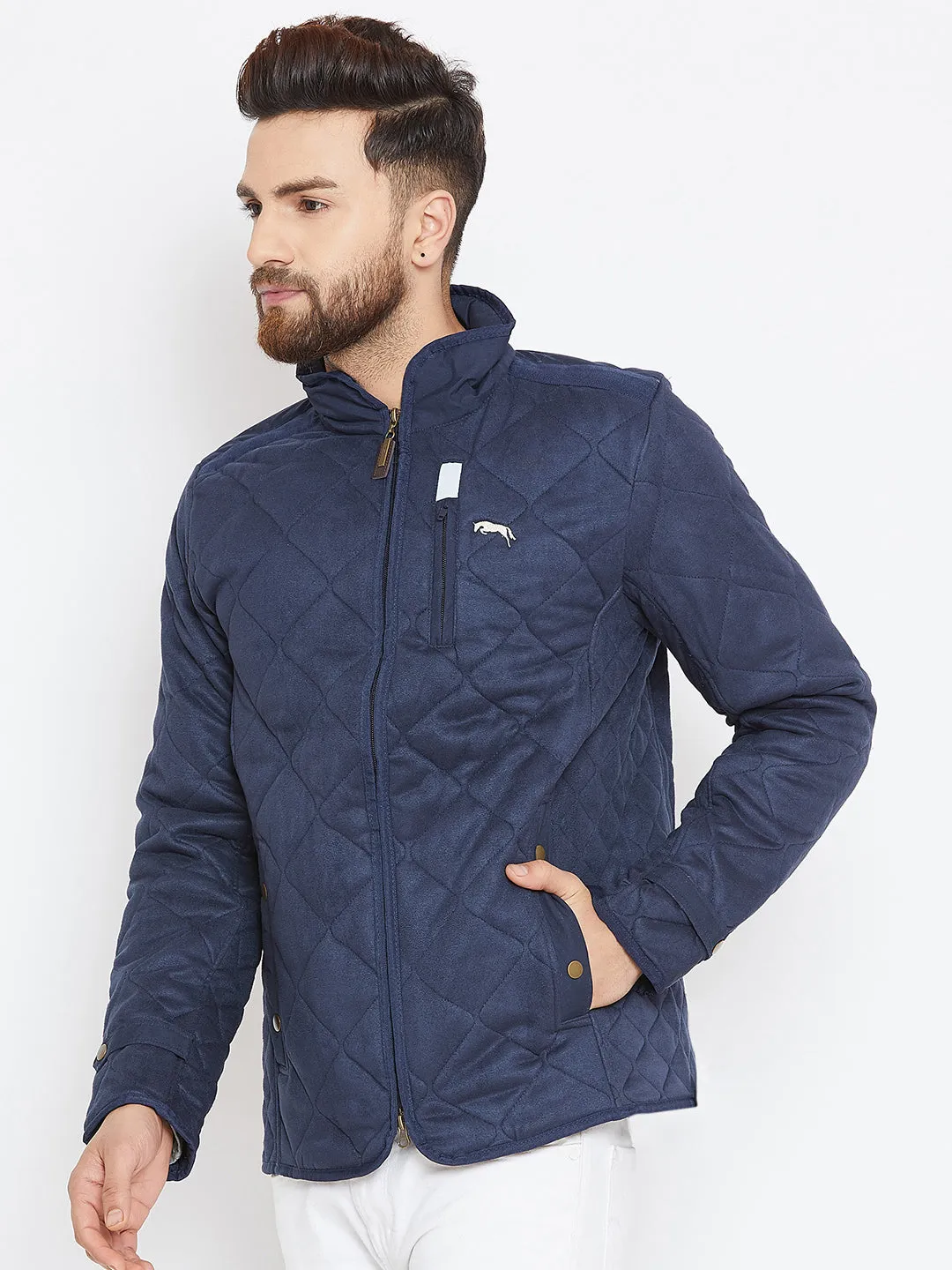 Men Navy Blue Solid Quilted Jacket