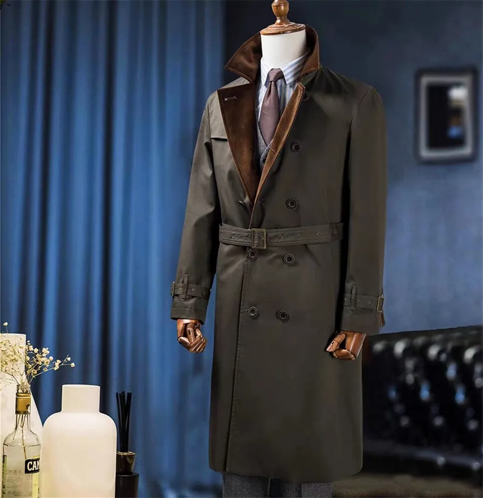 Men Winter-Breasted V-Sleeve Long British Style Overcoat Casual  Jacket