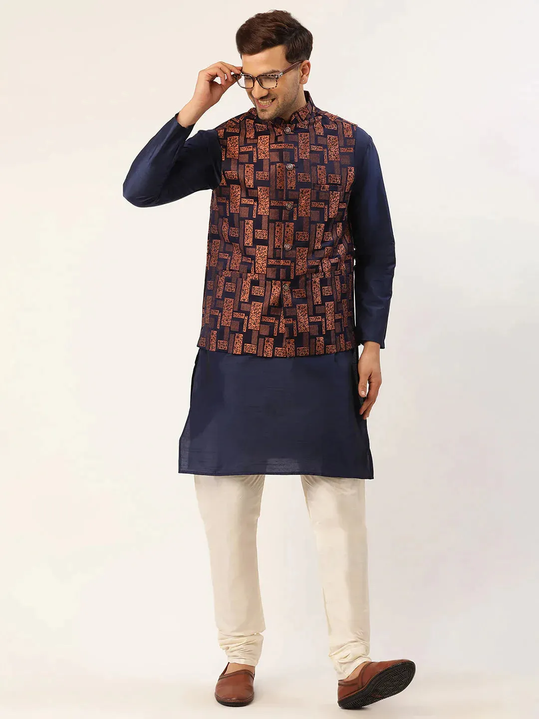 Men'S Bronze & Navy Blue Embossed Nehru Jacket