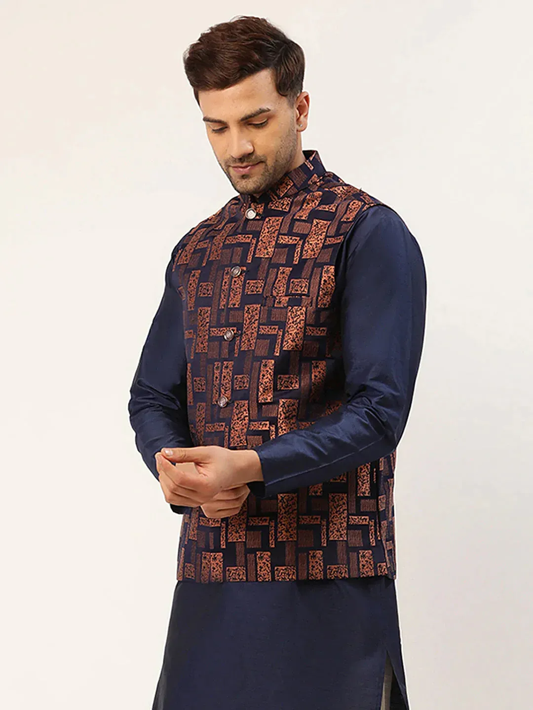 Men'S Bronze & Navy Blue Embossed Nehru Jacket