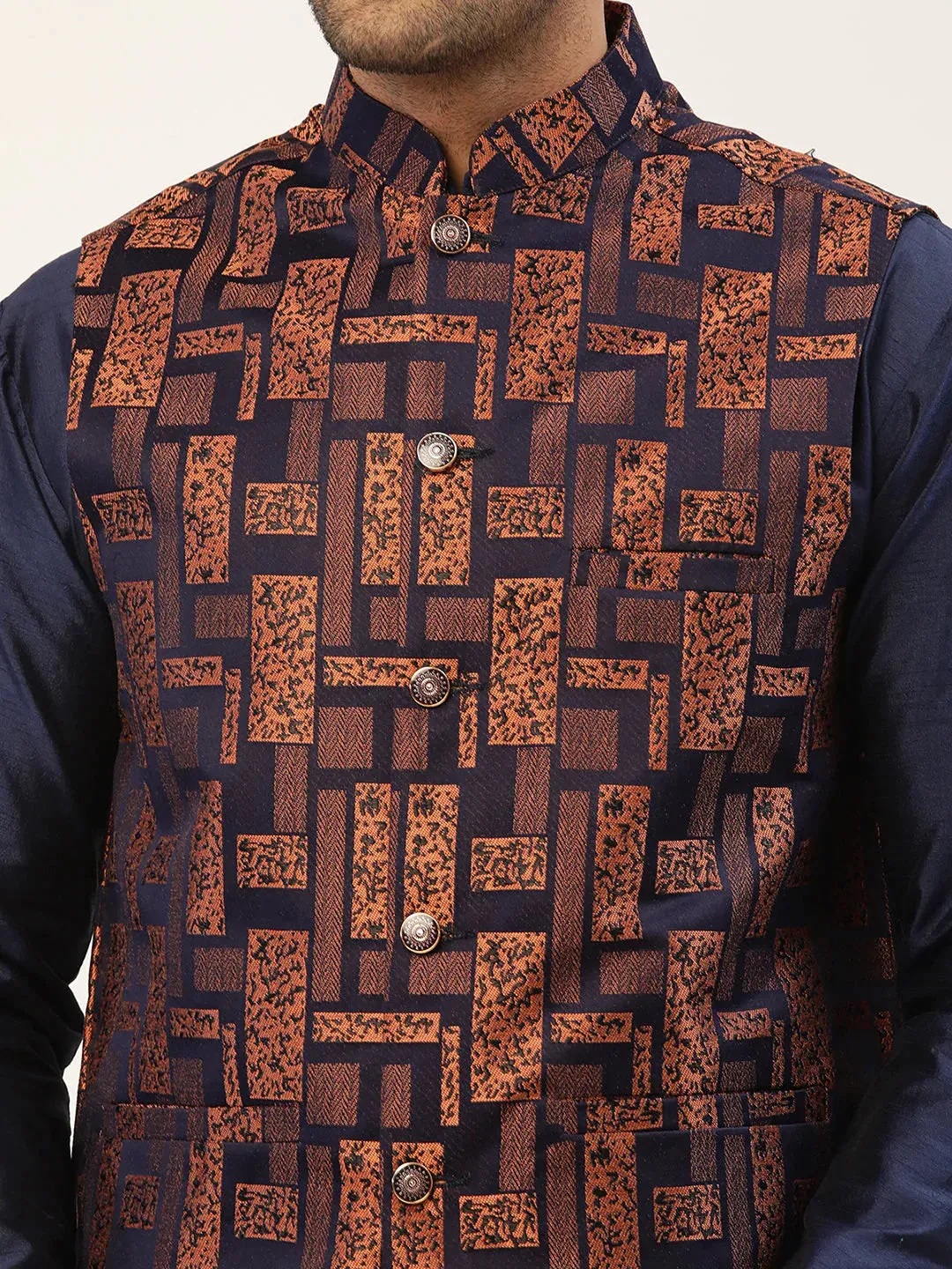 Men'S Bronze & Navy Blue Embossed Nehru Jacket