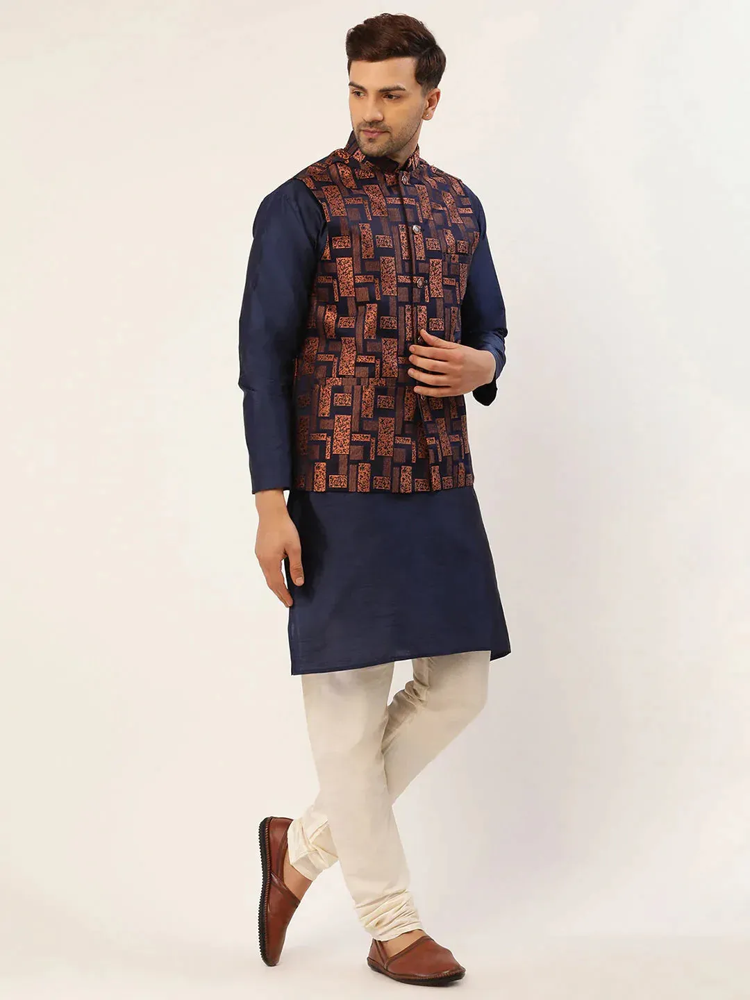 Men'S Bronze & Navy Blue Embossed Nehru Jacket