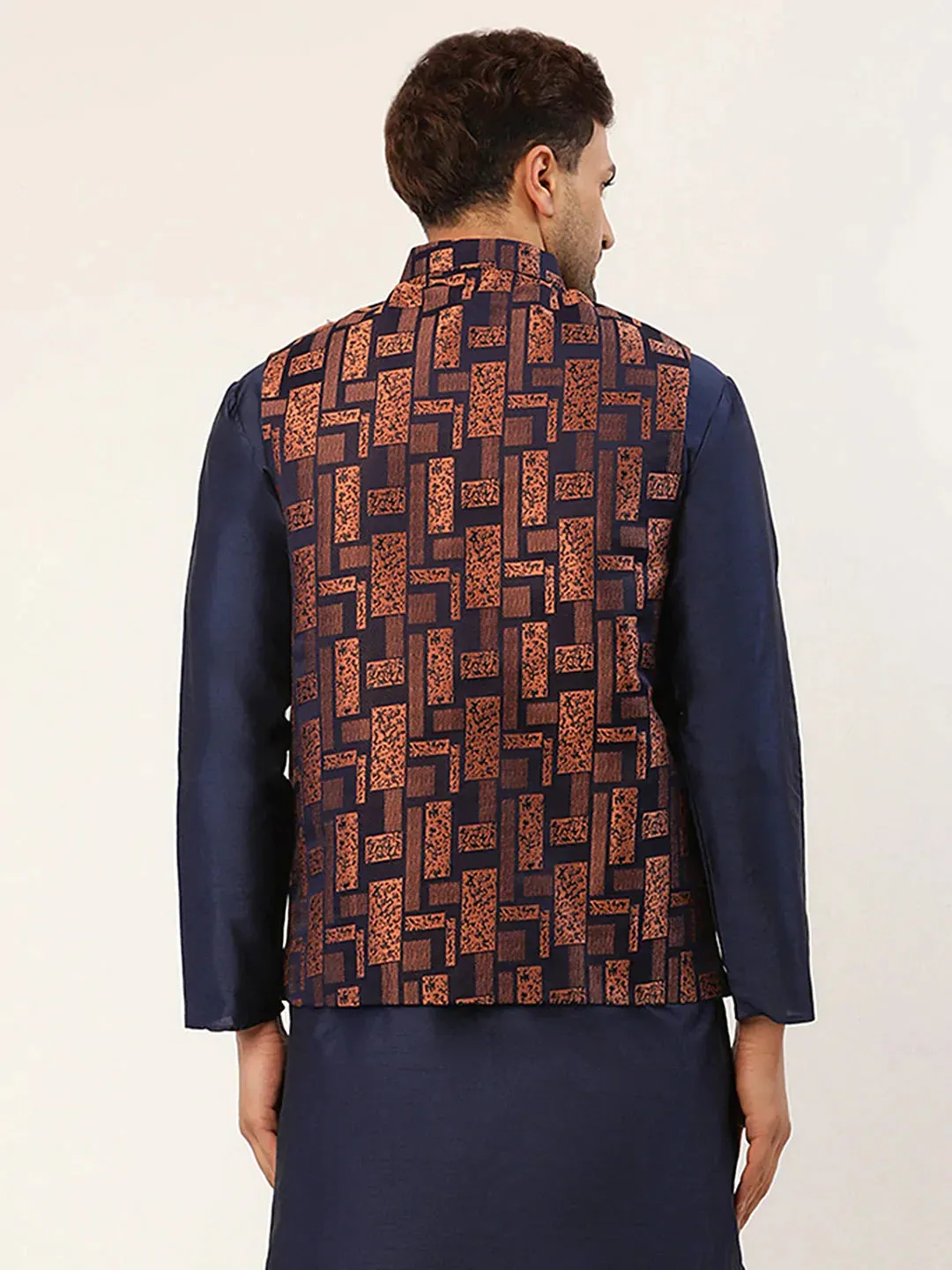 Men'S Bronze & Navy Blue Embossed Nehru Jacket