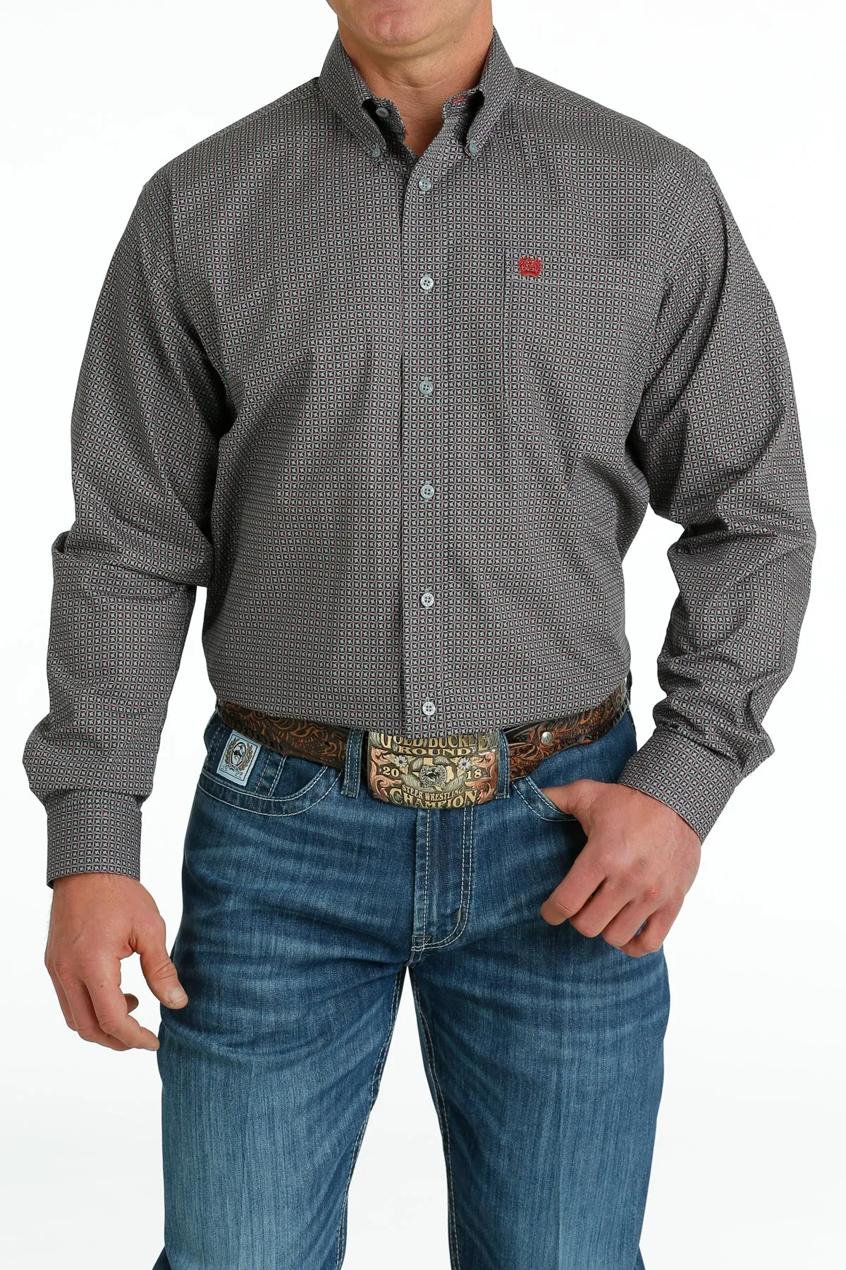 Men's Cinch Long Sleeve Grey Print Shirt - MTW1105650