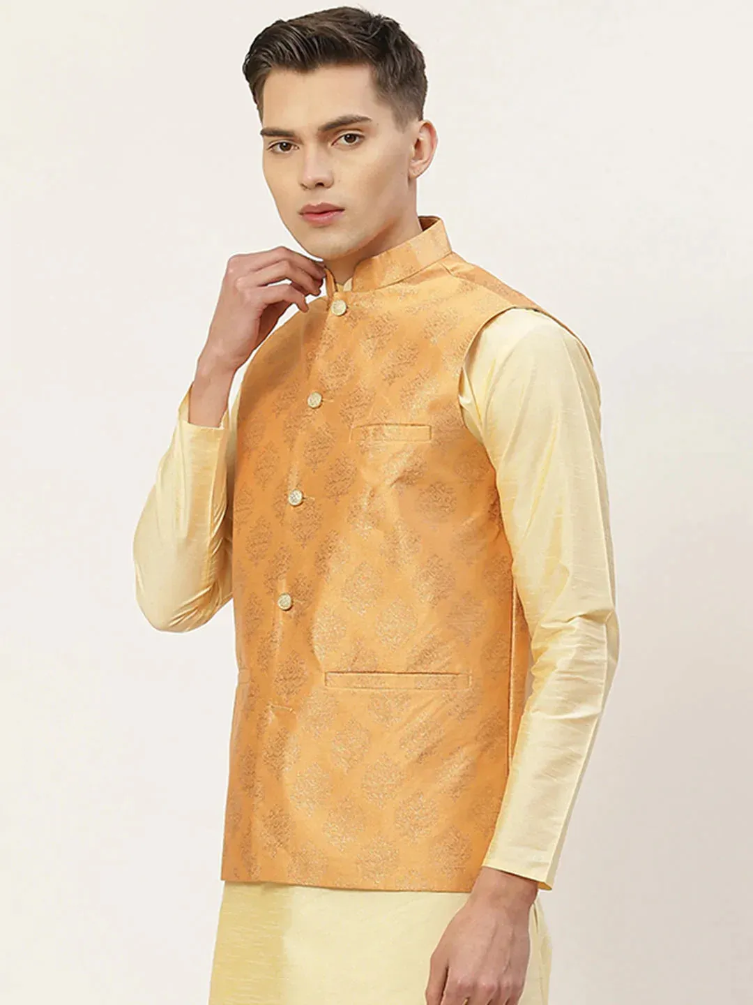 Men'S Peach Printed Nehru Jacket