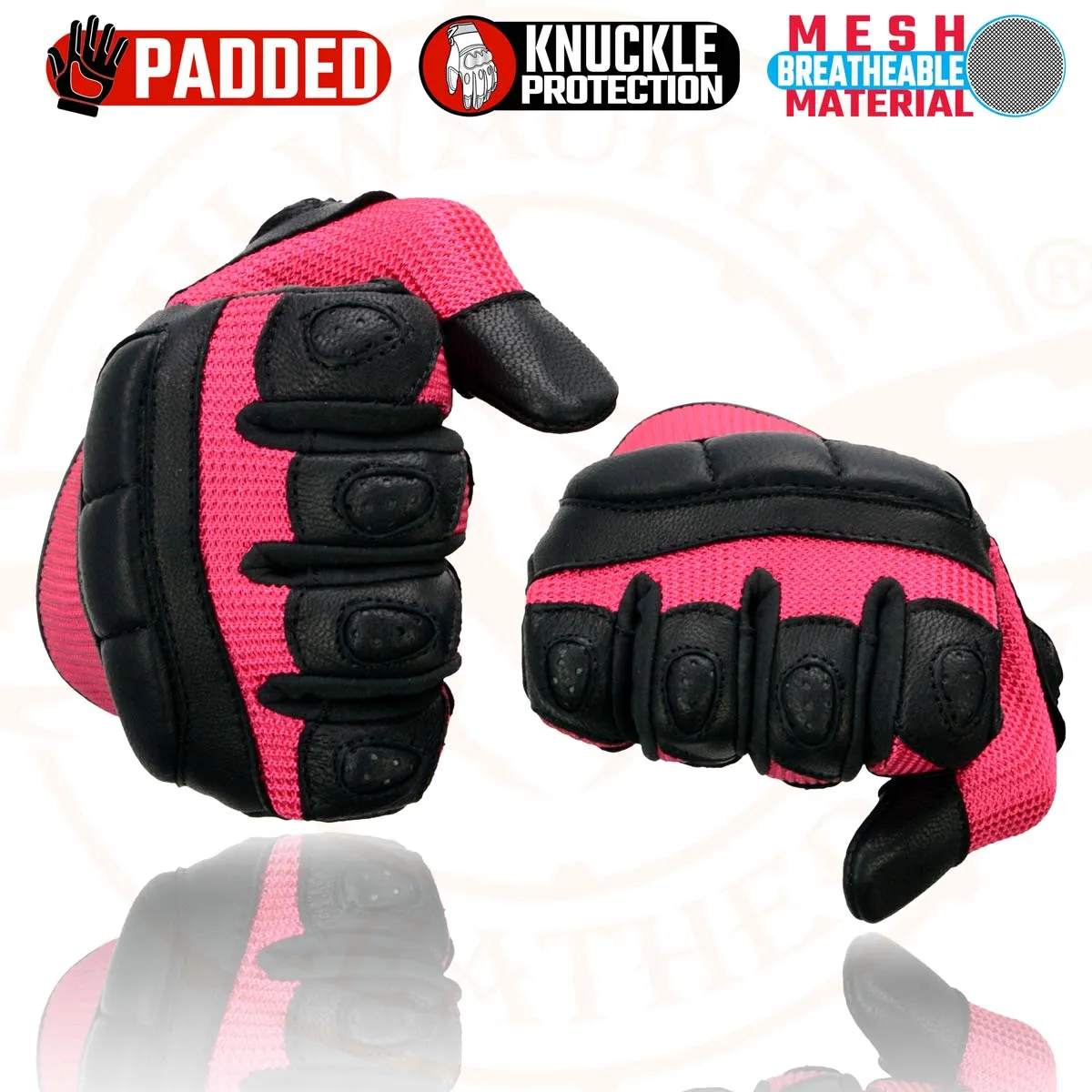 Milwaukee Leather MG7740 Women's Black Leather and Hot Pink Mesh Racing Motorcycle Gloves W/ Padded Knuckle and Fingers