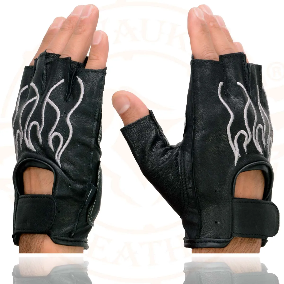 Milwaukee Leather SH198 Men's Black Leather Gel Padded Palm Fingerless Motorcycle Hand Gloves W/ ‘Grey Flame Embroidered’