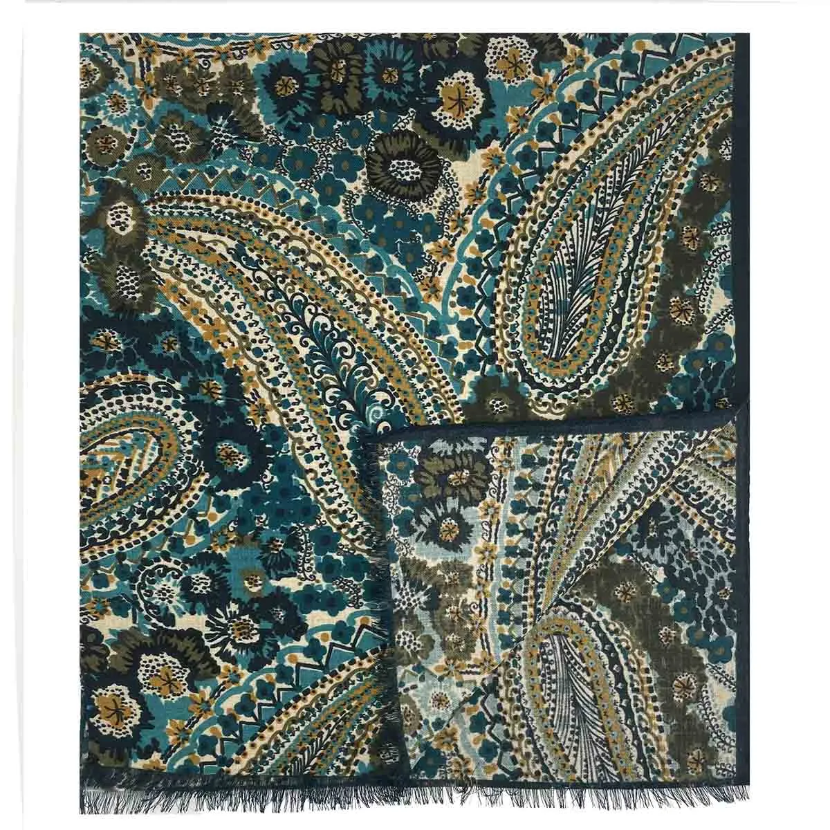 NARCISO - Blue, green and yellow macro paisley wool hand made scarf