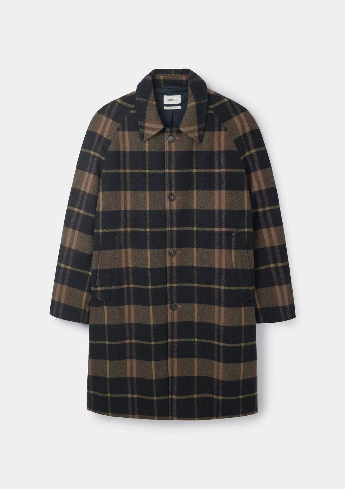 Navy & Beige Checked Wool Raglan Overcoat