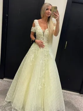 Off Shoulder Yellow Lace Tulle Long Prom Dresses, Yellow Lace Formal Dresses, Yellow Evening Dresses