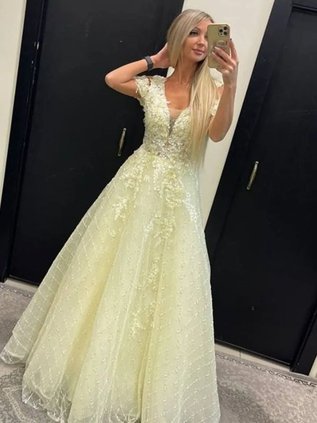 Off Shoulder Yellow Lace Tulle Long Prom Dresses, Yellow Lace Formal Dresses, Yellow Evening Dresses