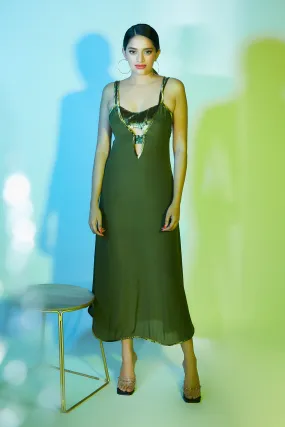 Olive Green Crepe Slip Dress