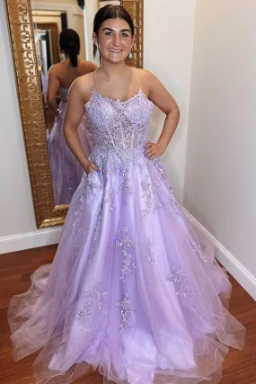 Open Back Purple Lace Tulle Long Prom Dress, Purple Lace Formal Dress, Long Purple Evening Dress A1857