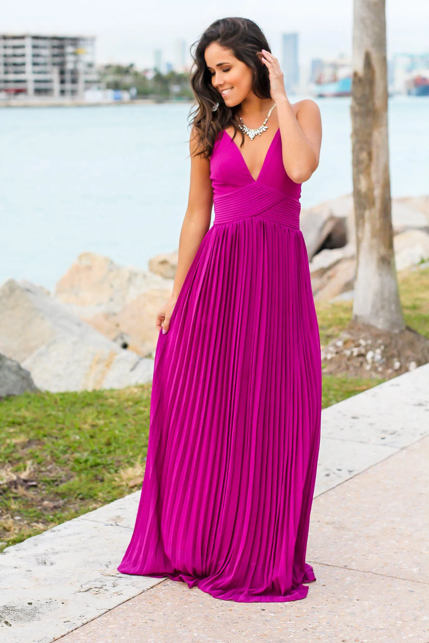 Orchid Pleated Maxi Dress with Criss Cross Back