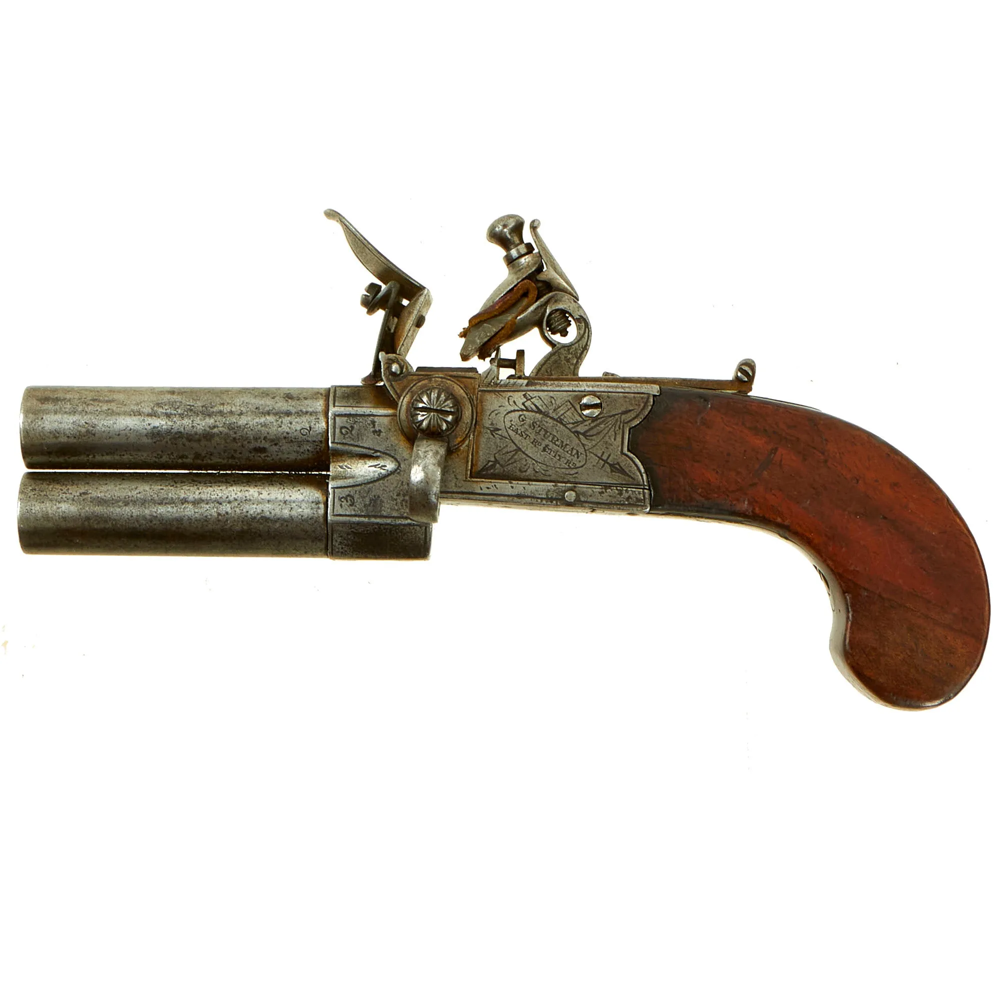 Original British Over & Under Flintlock Double Barrel Tap Action Pistol by G. Sturman of London c. 1820