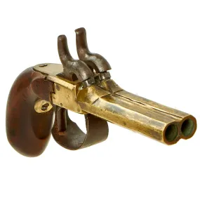 Original Victorian Era Belgian Double Barreled Brass Pocket Percussion Pistol - Circa 1840