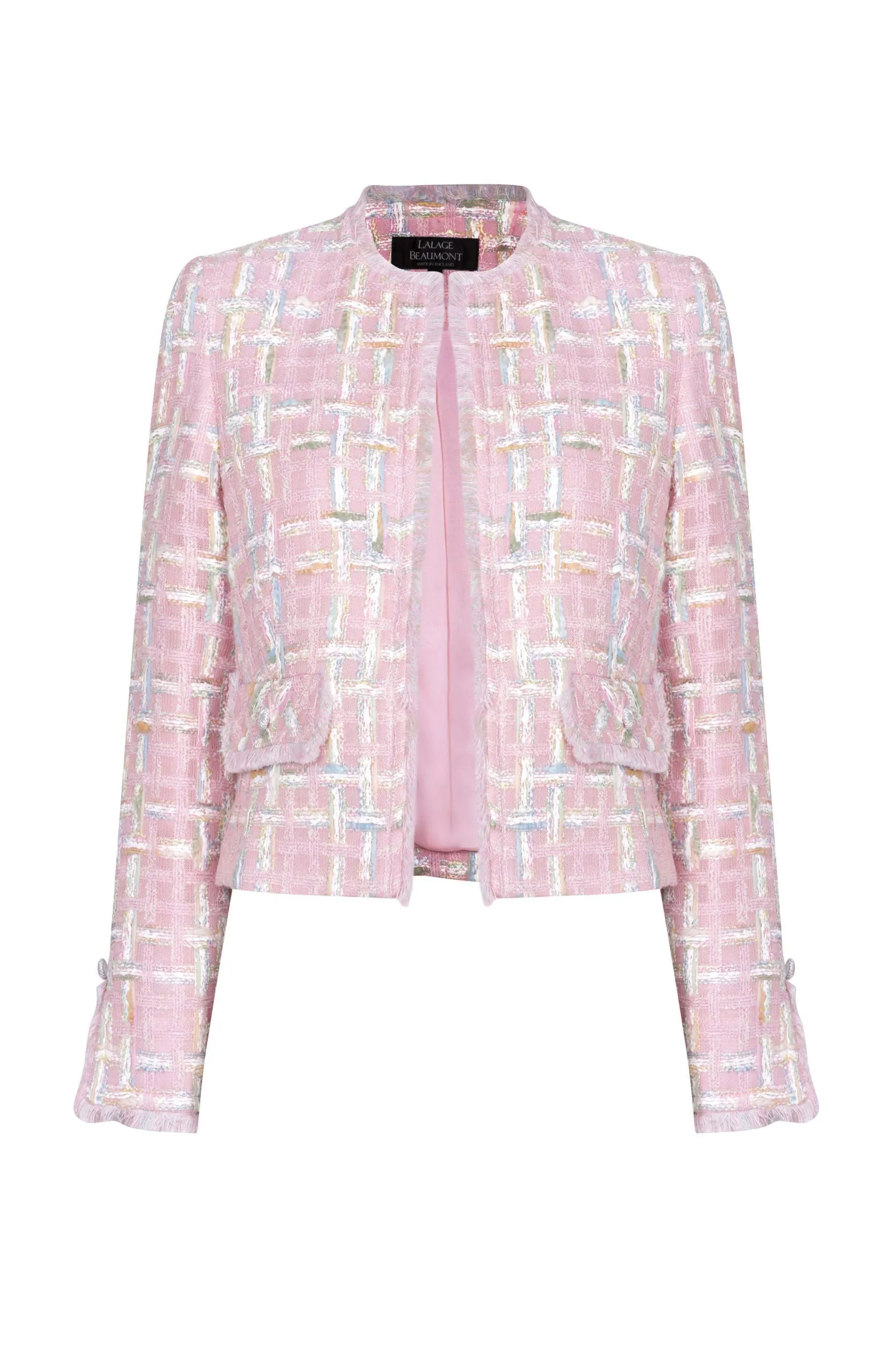 Pale Pink Featherweight Short Tweed Jacket with Pastel Overchecks - Carrie