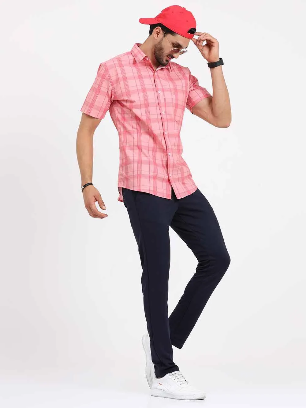 Pink Stripe Checks Half Sleeve Shirt