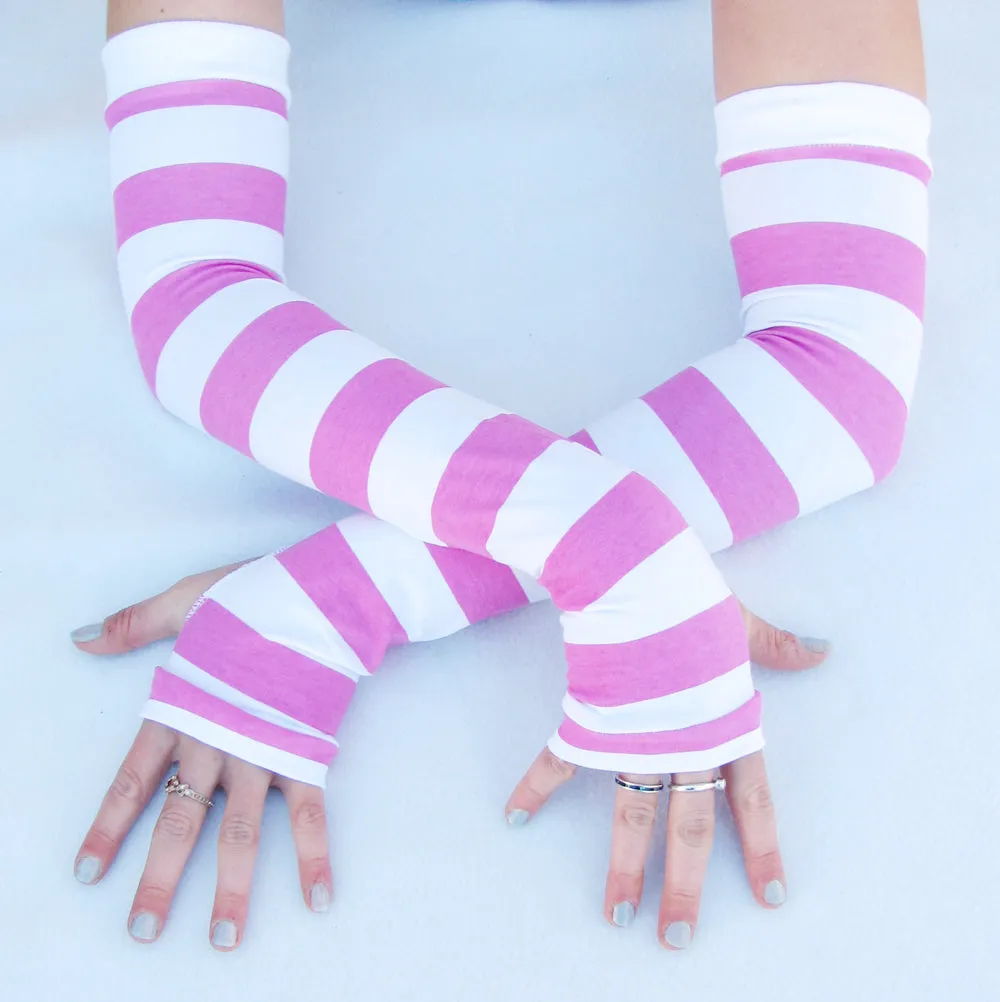 Pink Stripes Arm Warmers Fingerless Gloves Adults Kids