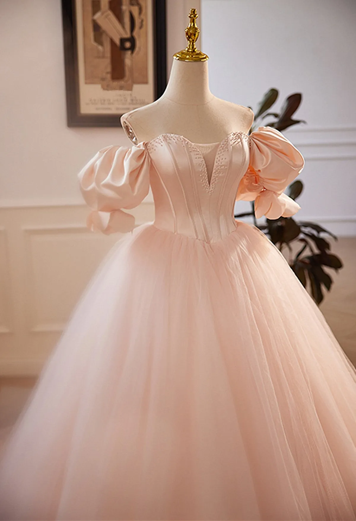 Pink Tulle and Satin Beaded Sweetheart Long Formal Dress, Pink Sweet 16 Dress