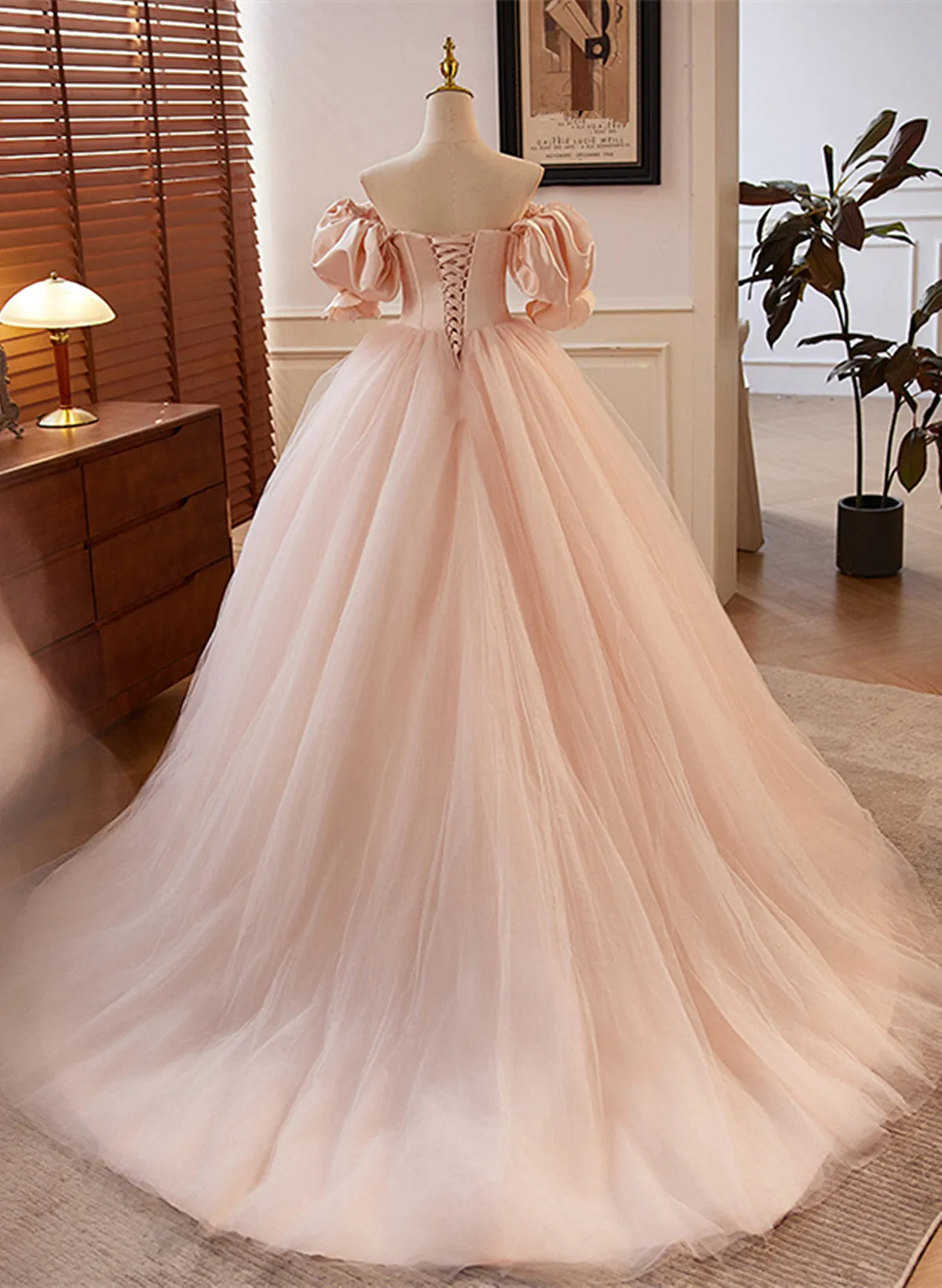 Pink Tulle and Satin Beaded Sweetheart Long Formal Dress, Pink Sweet 16 Dress