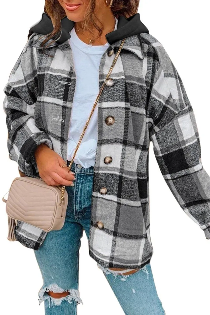 Plaid Hooded Button Down Shacket