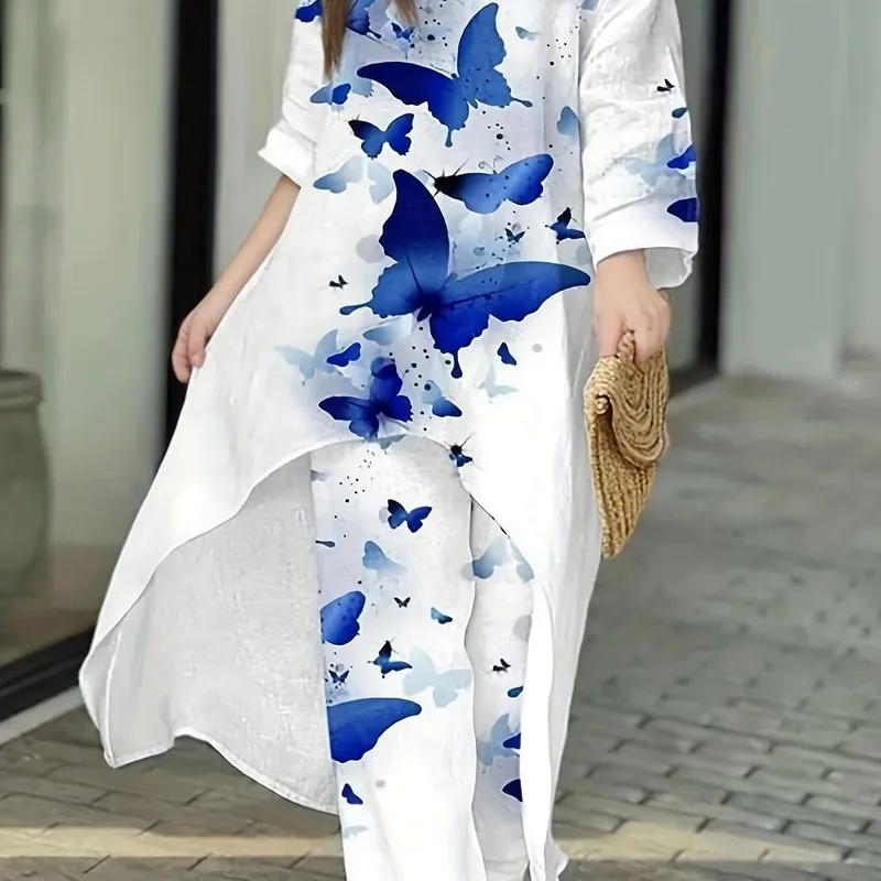 Plus Size Ombre Butterfly Print Two-Piece Set - One Shoulder High-Low Hem Top & Pants Ensemble for Elegant Women's Style