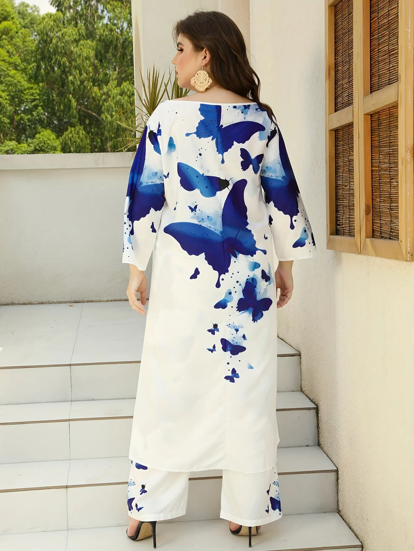 Plus Size Ombre Butterfly Print Two-Piece Set - One Shoulder High-Low Hem Top & Pants Ensemble for Elegant Women's Style