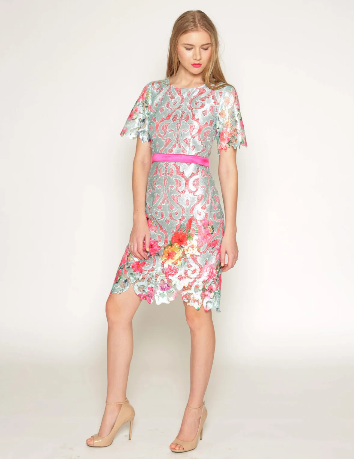 Printed floral lace shift dress with bell sleeves