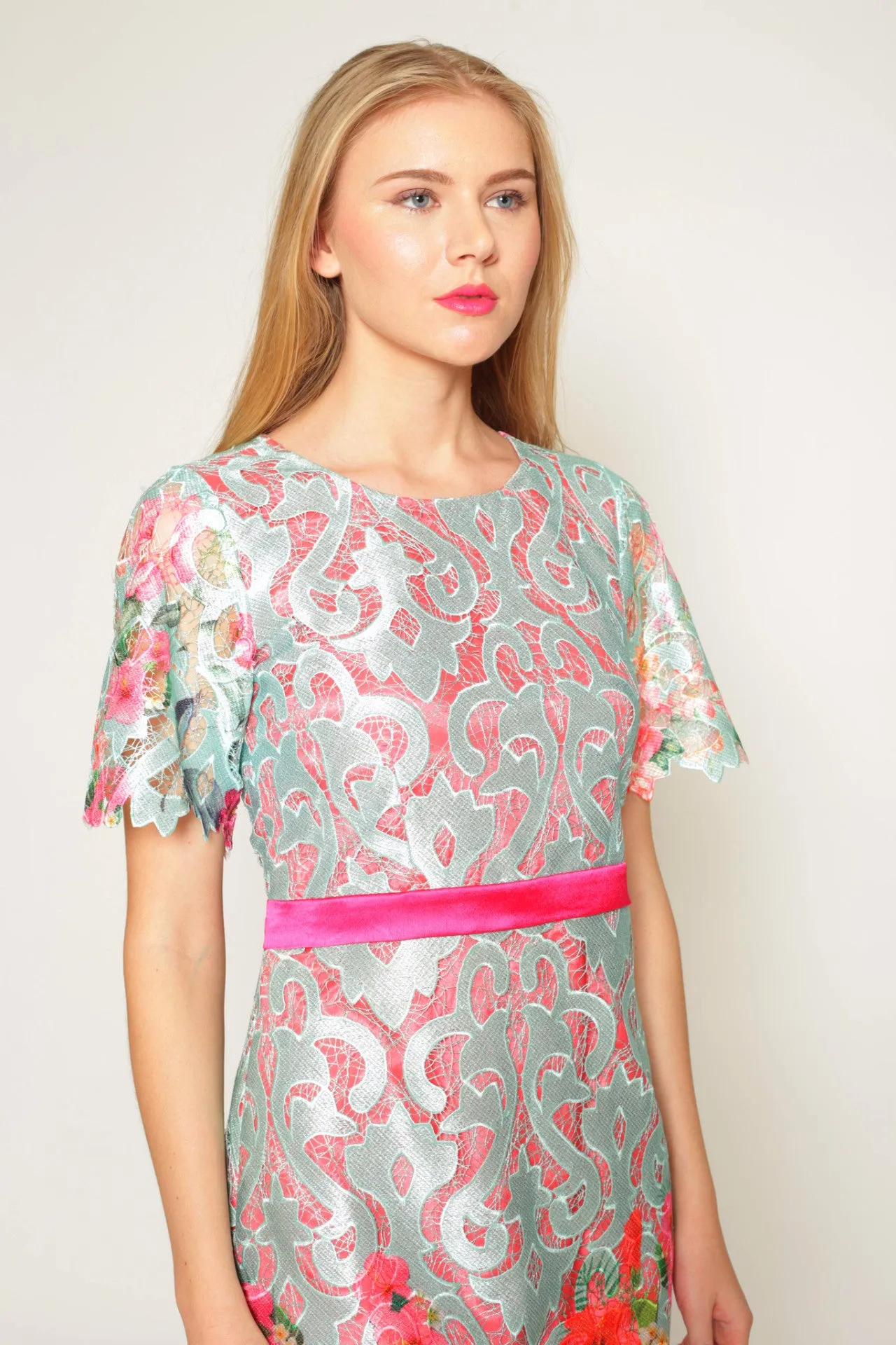 Printed floral lace shift dress with bell sleeves