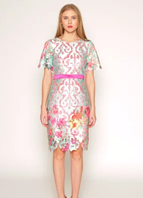 Printed floral lace shift dress with bell sleeves