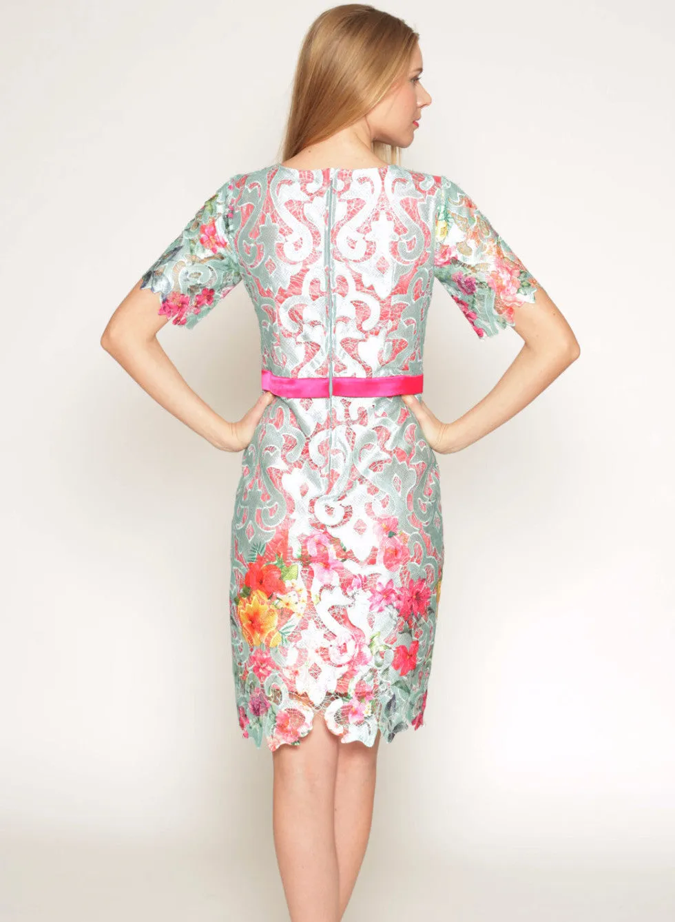 Printed floral lace shift dress with bell sleeves