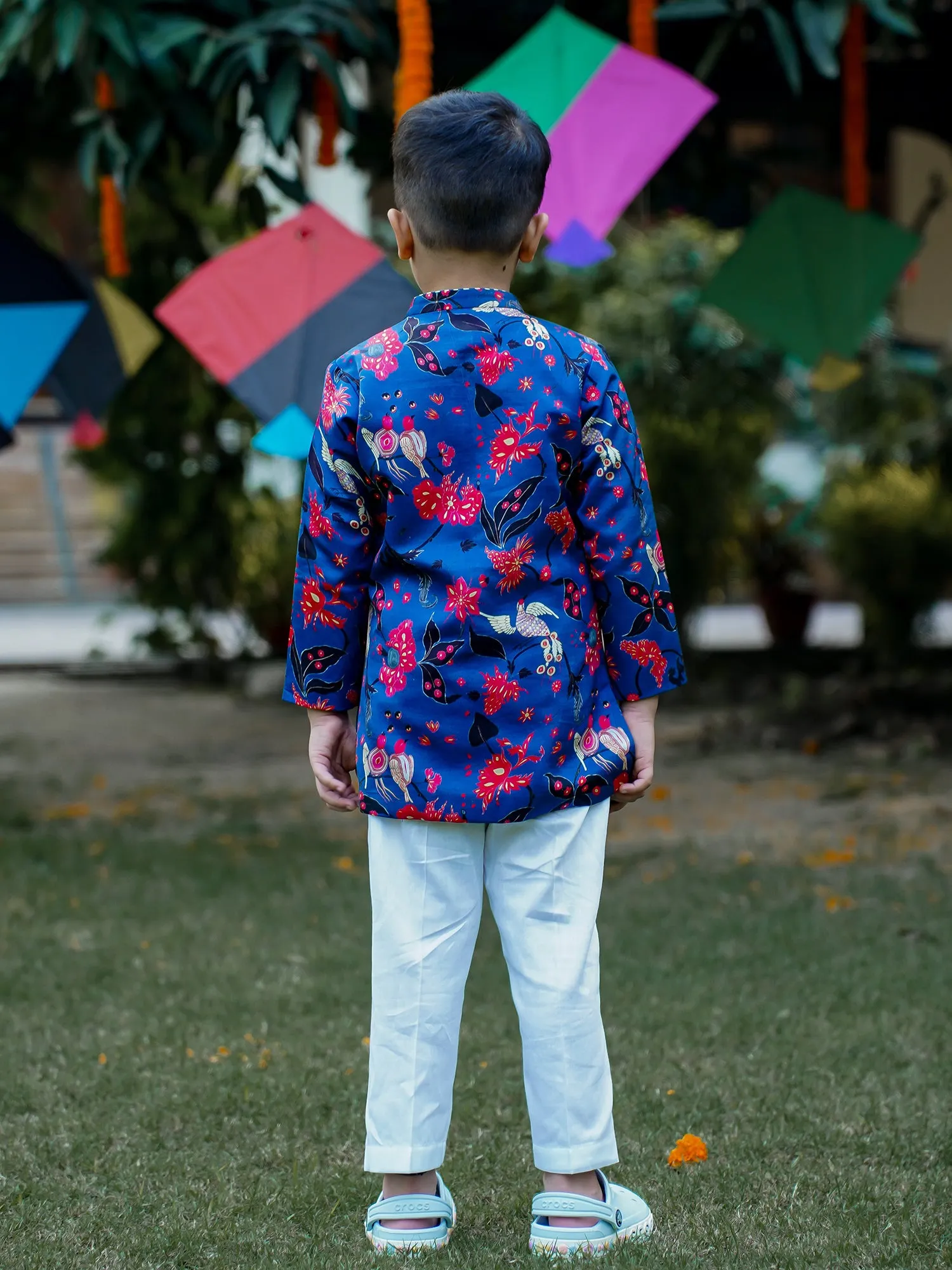 Printed Sherwani Pant Set for Boys - Blue