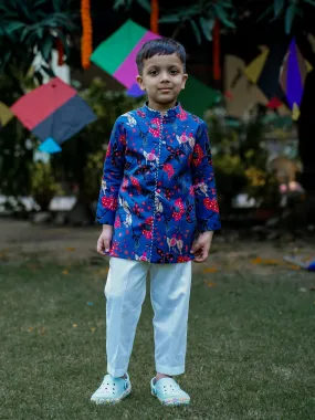 Printed Sherwani Pant Set for Boys - Blue