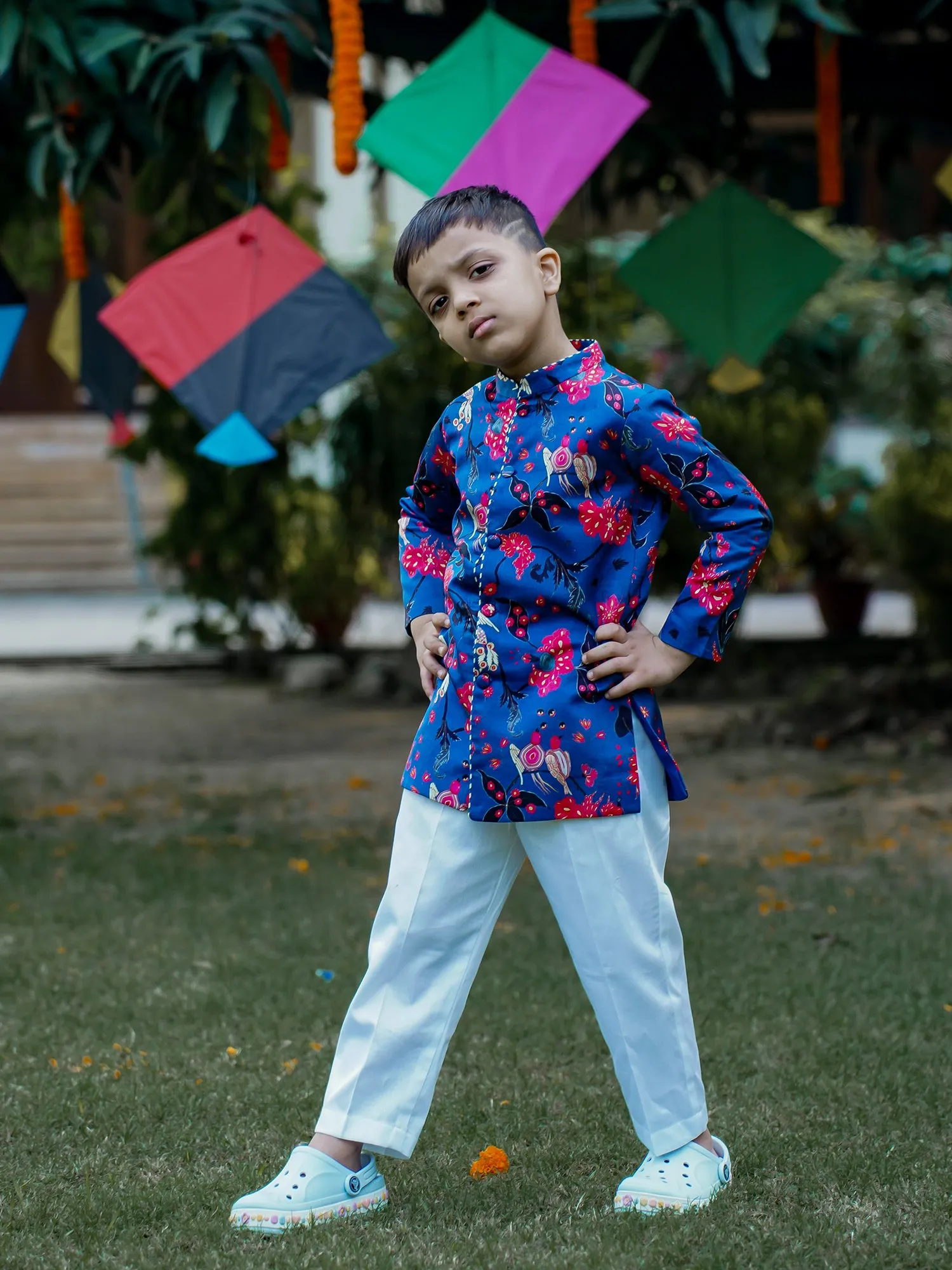 Printed Sherwani Pant Set for Boys - Blue