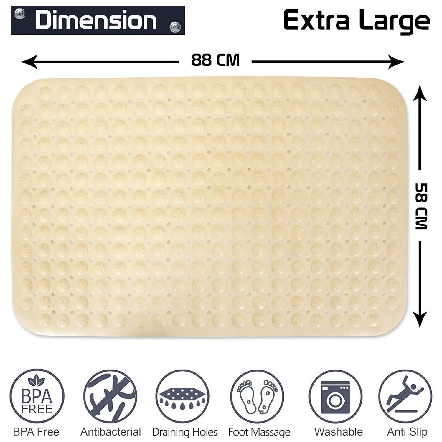 PVC Shower Mat Anti-Slip with Massage Acupressure Points, 58x88 cm, Beige