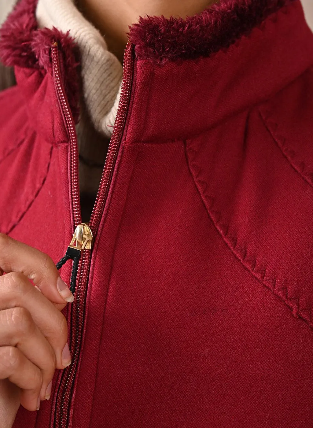 Red Sleeveless Jacket with Fur Detail