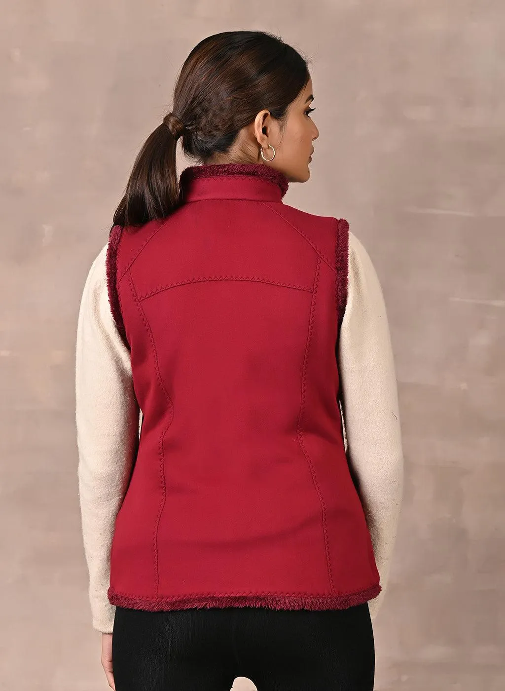 Red Sleeveless Jacket with Fur Detail