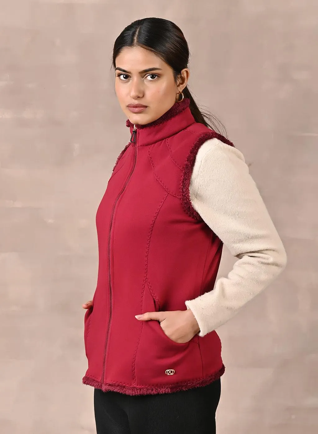 Red Sleeveless Jacket with Fur Detail