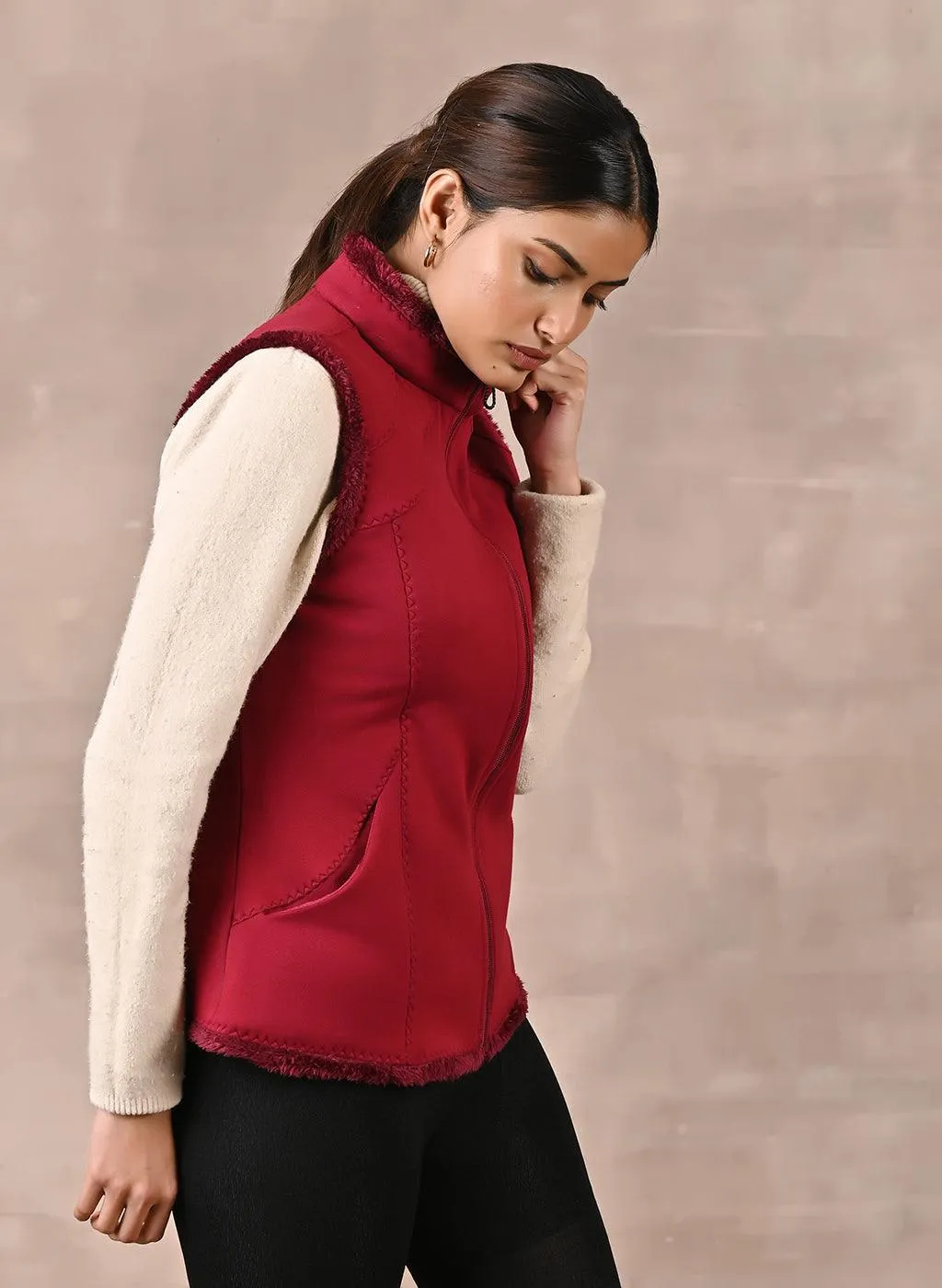 Red Sleeveless Jacket with Fur Detail