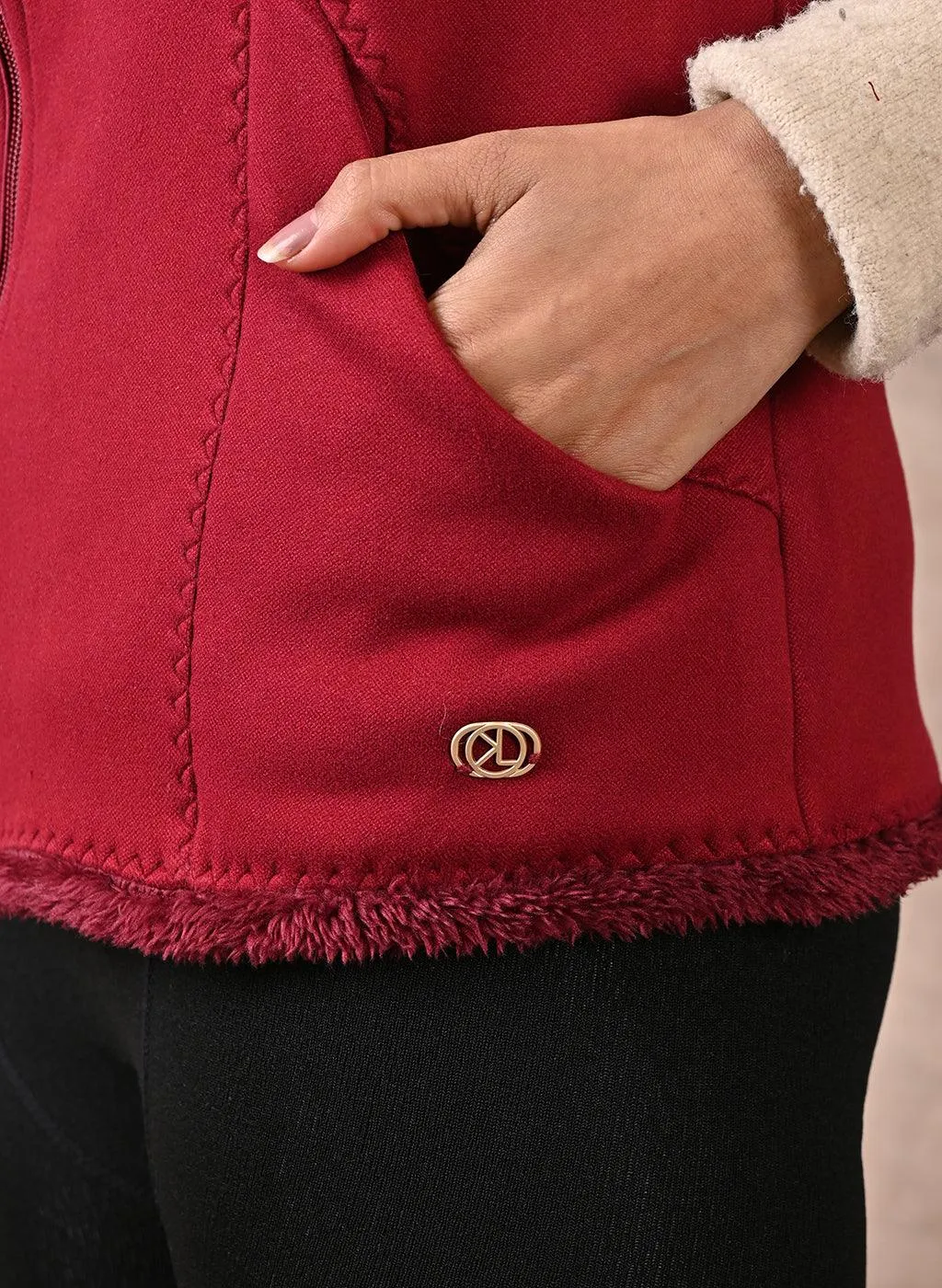 Red Sleeveless Jacket with Fur Detail