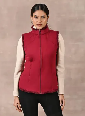 Red Sleeveless Jacket with Fur Detail