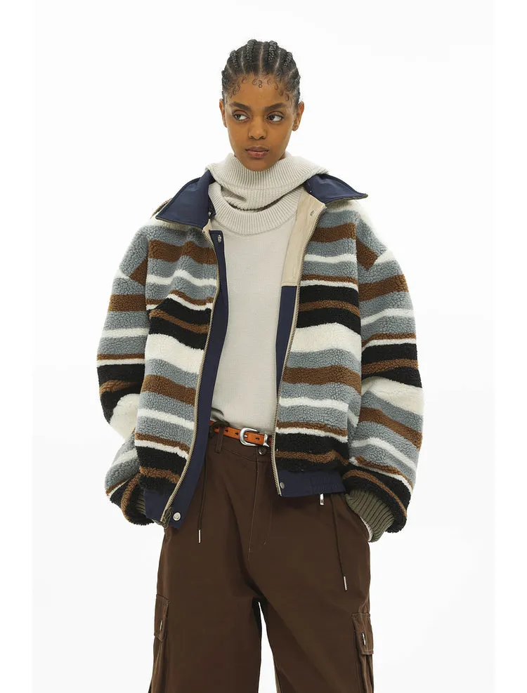 Retro Short Striped Sherpa Hooded Retro Work Jacket