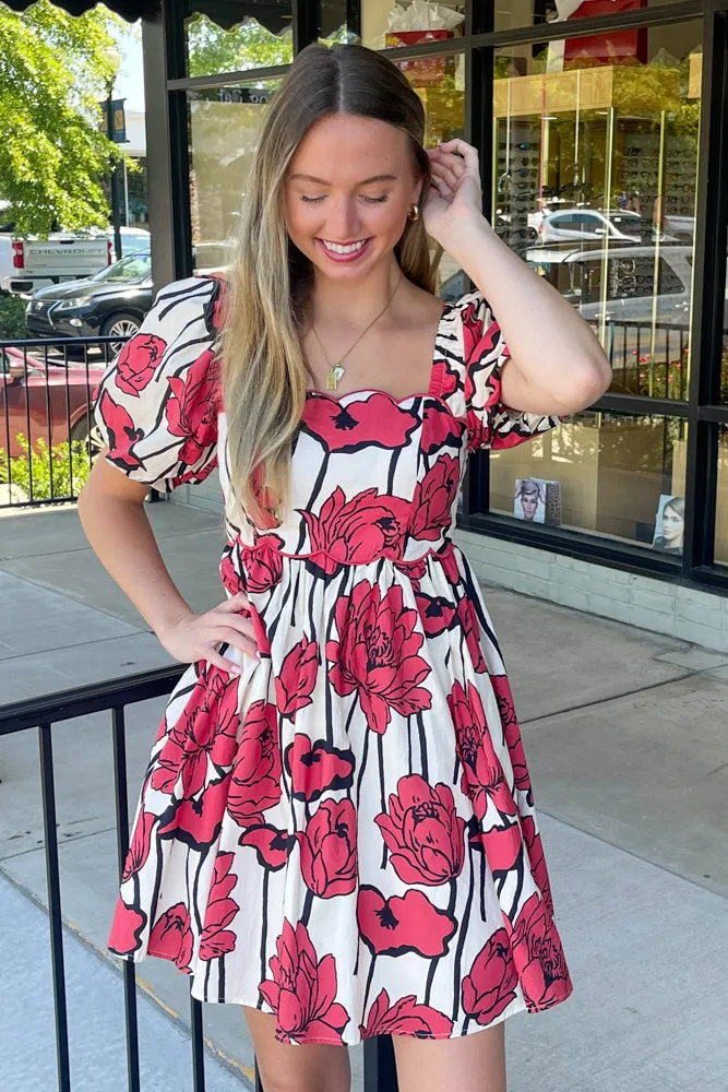 Rose Garden Puff Sleeve Dress-Red